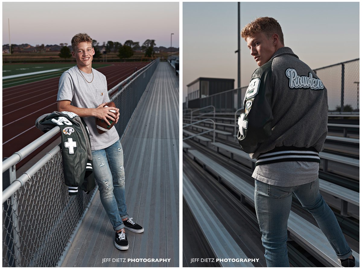 prosper senior portraits in letterman jacket for football at prosper high