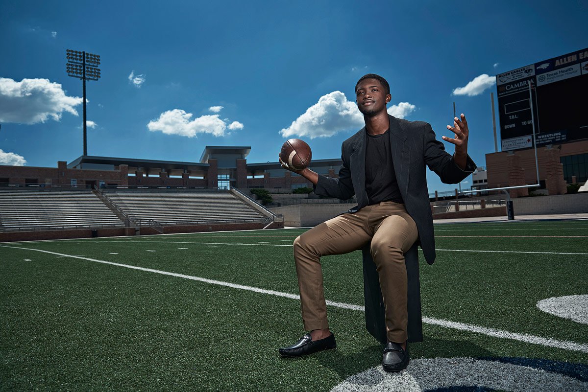 Allen senior portraits eagles football player captain at the stadium