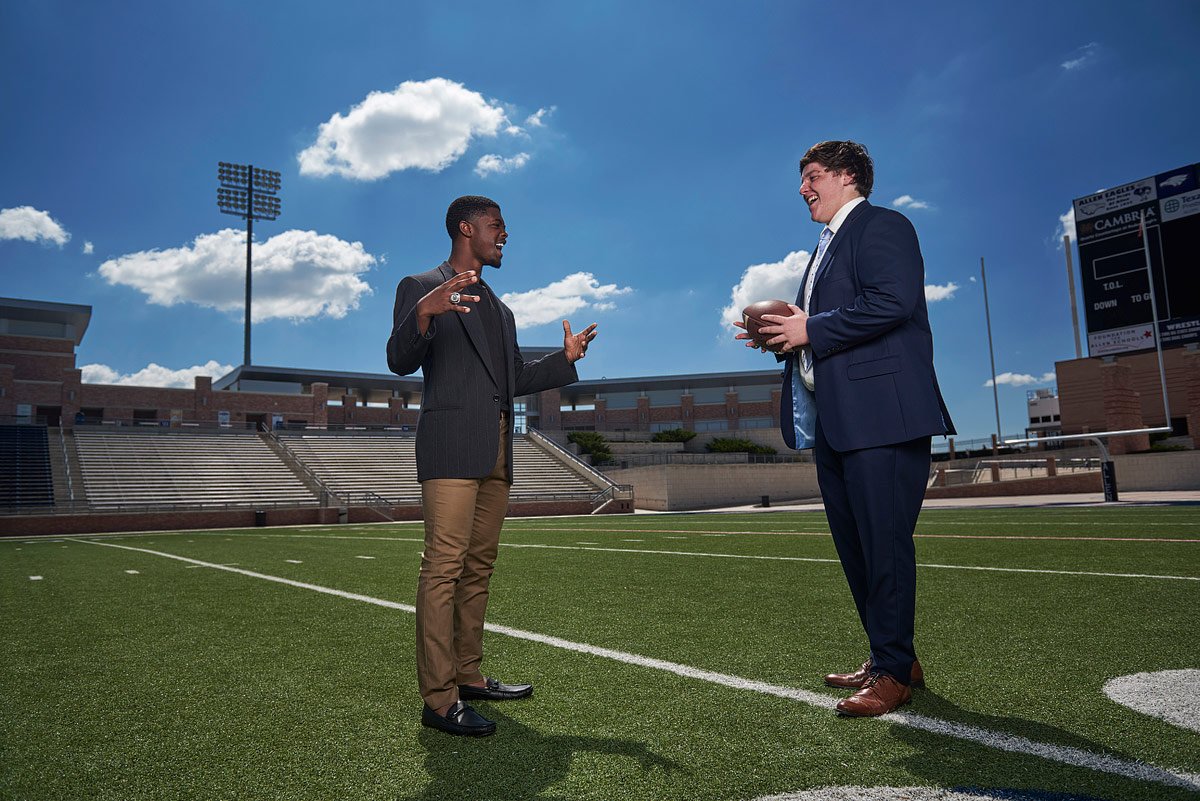 allen state champion players pose on the football field for allen senior photos