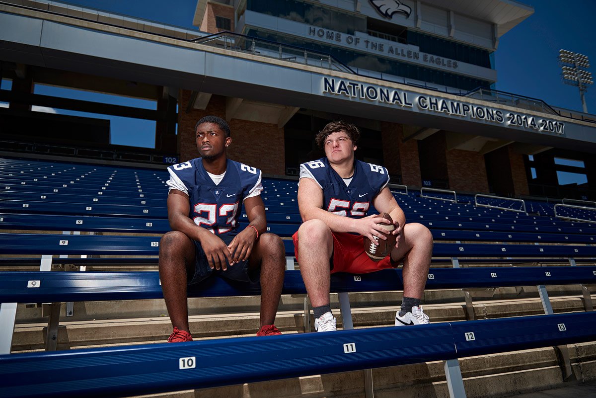 allen state champion players pose in stadium for allen senior photos